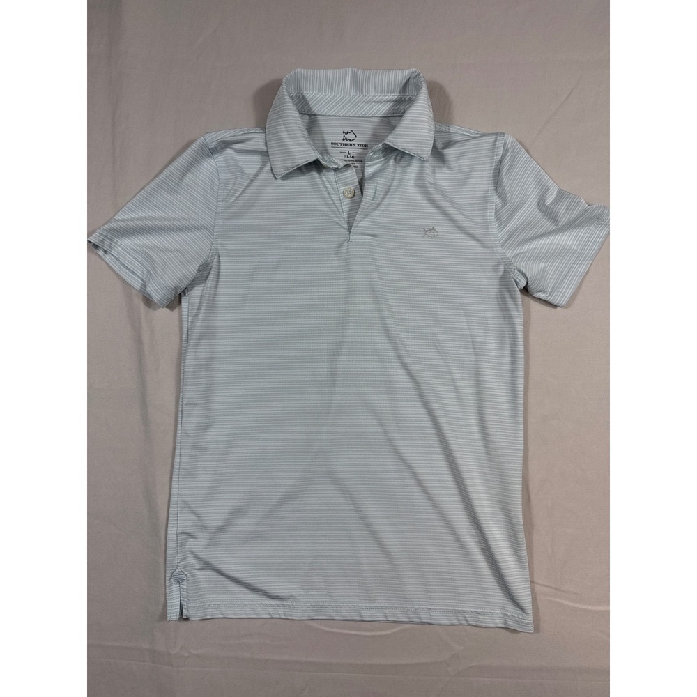Southern Tide Boys Performance Polo Shirt Blue White Striped Large 12-14